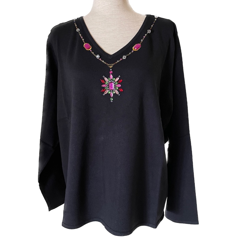 PINK POODLE New Black Sweater with Jeweled V-Neck Sweater, Size 3X
